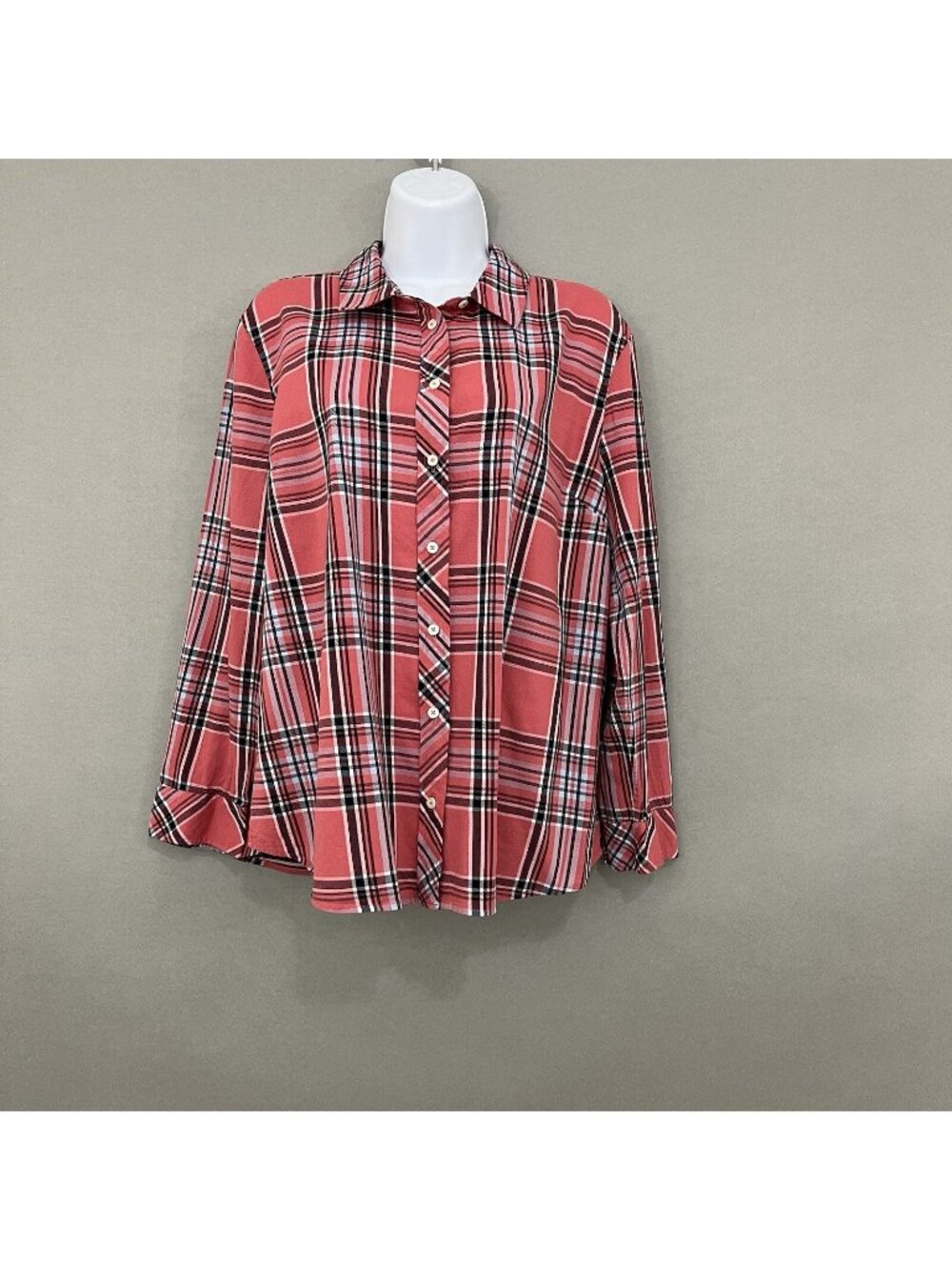 Talbots Pink Plaid Button Front Cotton Long Sleeve Shirt
